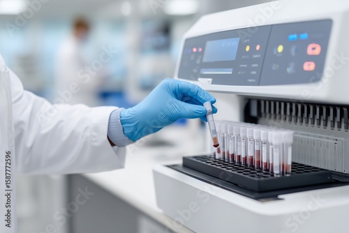 A lab technician places a rack of blood sample vials into a modern hematology analyzer machine in a clean laboratory. Medical testing