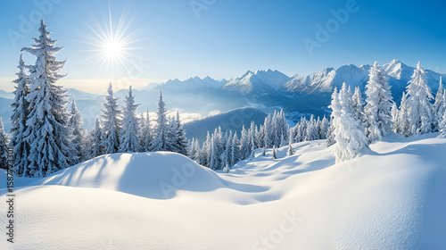 Sunlit winter wonderland showcasing snow-covered fir trees and majestic mountain range.