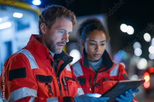 Paramedics use a digital tablet and defibrillator by an ambulance at night. Emergency medical services and first responders in action