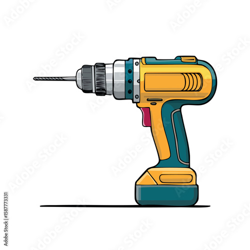 A vibrant illustration of a cordless power drill with a visible drill bit, ready for use.