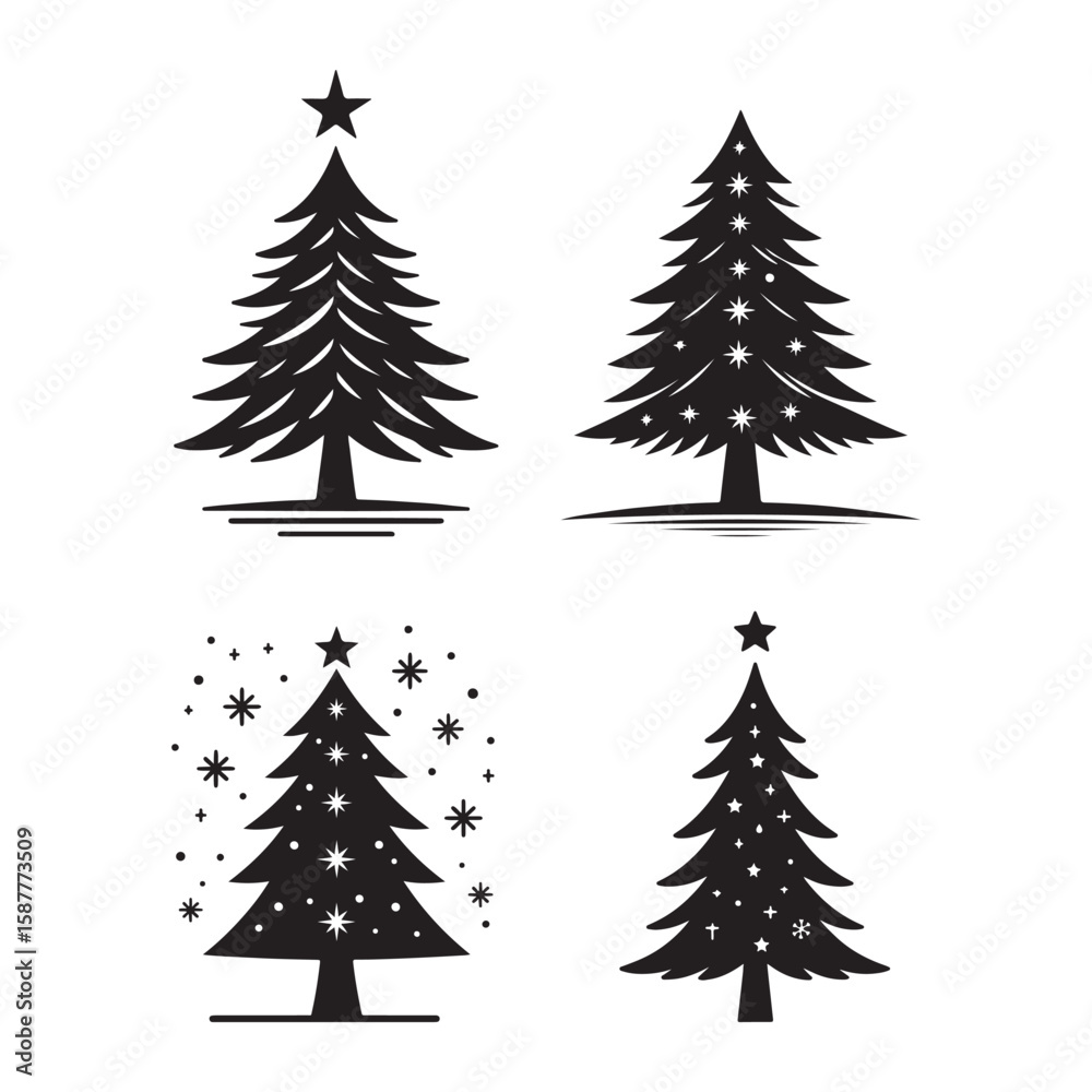 Obraz premium Christmas Tree Silhouette Set with Stars and Decorations