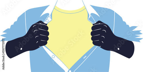 Illustration of a person ripping open a blue shirt to reveal a yellow undershirt
