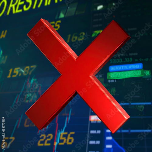 A red cross symbol overlaid on a digital stock market background.