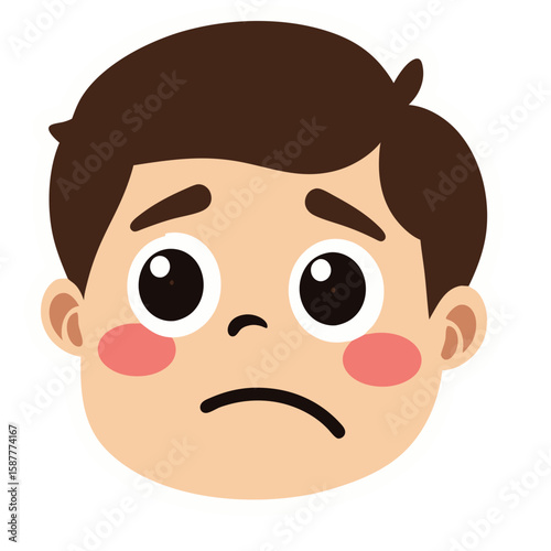 Cartoon Boys Sad Expression with Downcast Eyes and Rosy Cheeks.