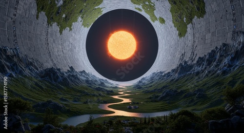 Inner Dyson Sphere Vista - A serene landscape unfolds within a colossal Dyson sphere, its sun a radiant orb at the distant end of a winding river.