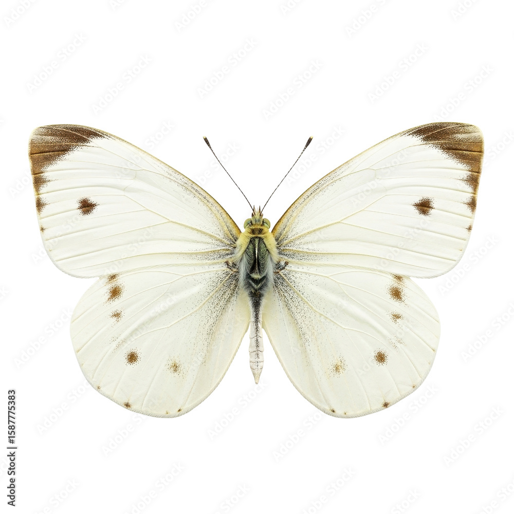 Fototapeta premium Isolated Top View Small White Cabbage Butterfly with Brown Spots Product Shot