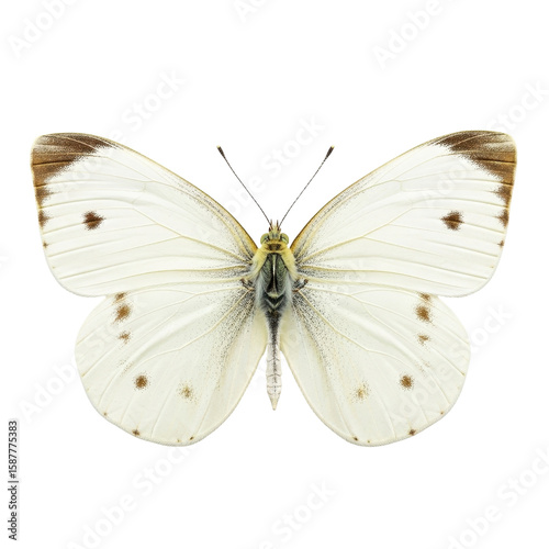 Isolated Top View Small White Cabbage Butterfly with Brown Spots Product Shot
