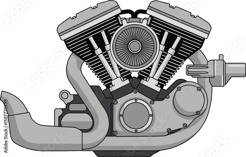 Illustration of a gray motorcycle engine with cylinders and exhaust pipe visible