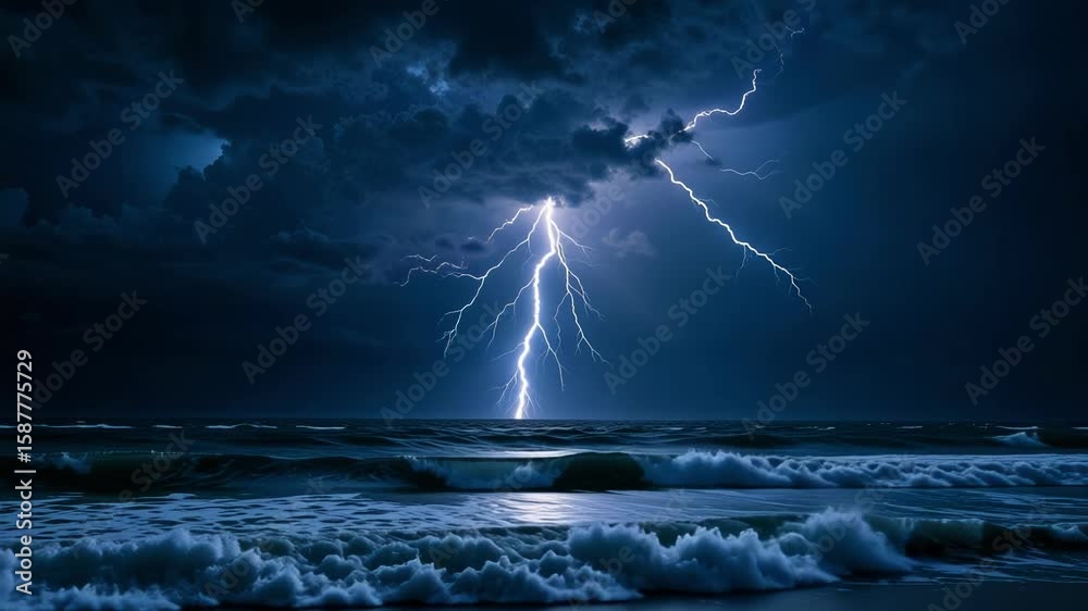 Powerful lightning bolts illuminate dark storm clouds over a turbulent ocean in this intense night scene captured in stunning four thousand resolution.