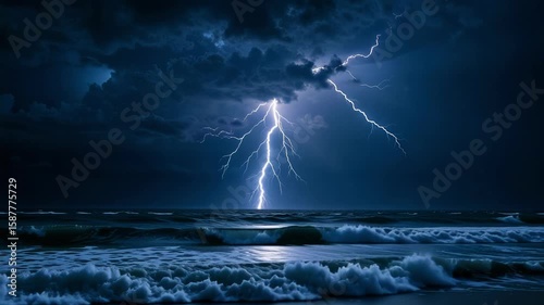 Powerful lightning bolts illuminate dark storm clouds over a turbulent ocean in this intense night scene captured in stunning four thousand resolution.