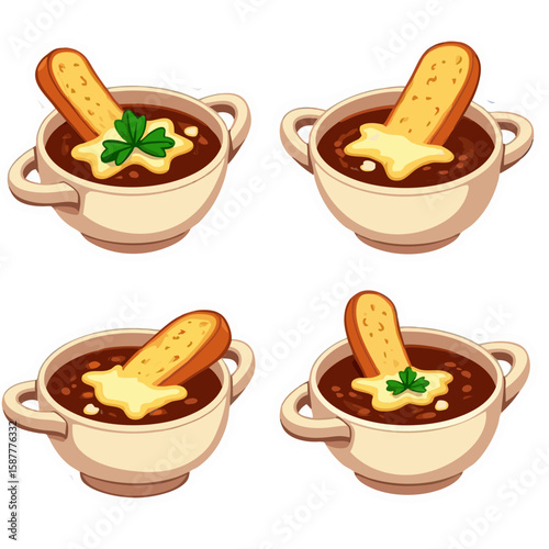 Four Bowls of French Onion Soup with Toasted Bread and Cheese.