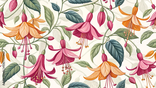 Vector seamless illustration of pink and yellow flowers for printing on fabric or wallpaper or curtains.