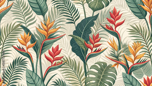 Vector seamless illustration of Heliconia for printing on fabric or wallpaper or curtains.