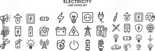 Comprehensive set of electricity line icons, perfect for power, energy, and electronics projects, featuring essential symbols for safety, renewable sources, and industrial applications.