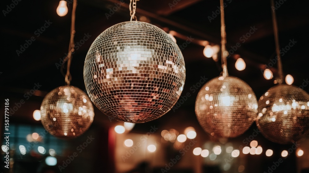 Obraz premium Close-up of shimmering disco balls hanging from the ceiling, surrounded by warm glowing lights, creating a festive and nostalgic atmosphere.