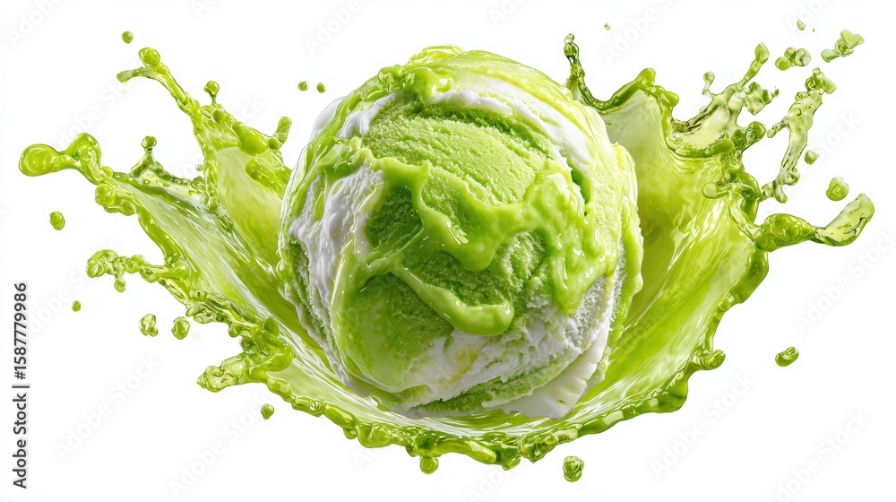 Obraz premium A scoop of green and white ice cream splashes in vibrant green liquid, creating an energetic and refreshing scene on a white background.
