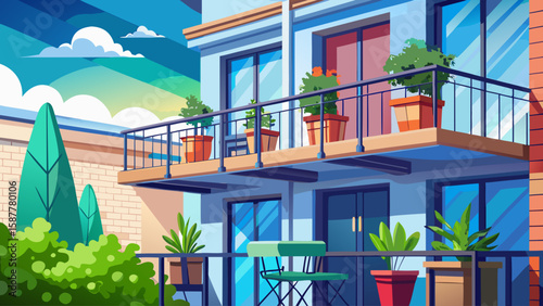 Modern balcony design with metal railing, green plants, and a small table set under blue sky. Urban apartment exterior with cozy corner
