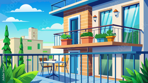 Modern balcony design with metal railing, green plants, and a small table set under blue sky. Urban apartment exterior with cozy corner