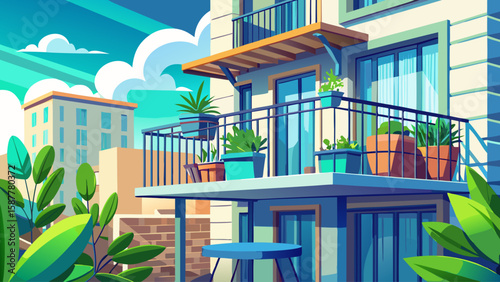 Modern balcony design with metal railing, green plants, and a small table set under blue sky. Urban apartment exterior with cozy corner