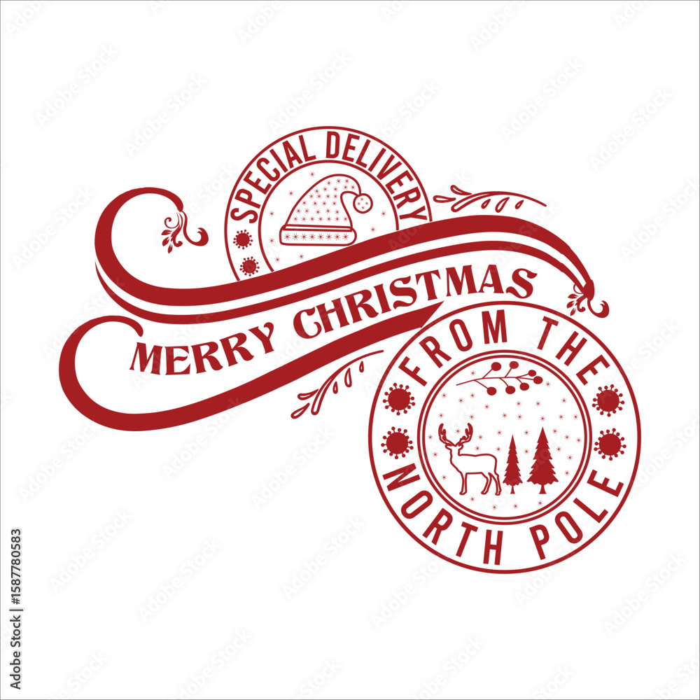Obraz premium Special Delivery Merry Christmas From The North Pole vector merry Christmas, December, Red, Custom, holiday, holiday, stamp, delivery, mail, northChristmas Shirt Design