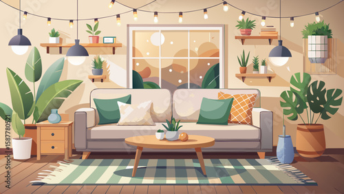 Scandinavian-style living room with beige sofa, wooden coffee table, and soft throw pillows. Decorated with indoor plants and warm lighting