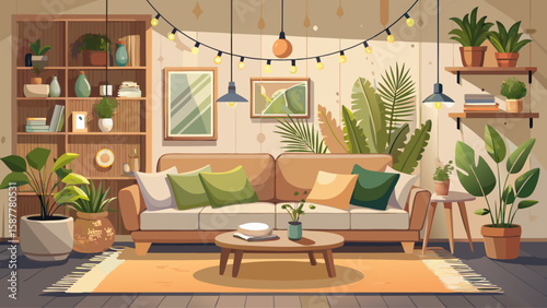 Scandinavian-style living room with beige sofa, wooden coffee table, and soft throw pillows. Decorated with indoor plants and warm lighting