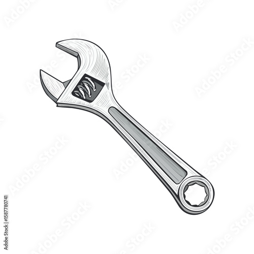 A detailed illustration of a metal adjustable wrench.