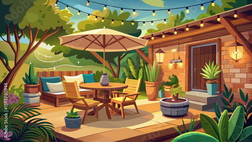 Cozy outdoor patio with wooden furniture, potted plants, and warm lighting, perfect for evening relaxation in a backyard setting
