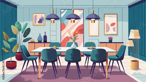 Elegant dining room setup with six chairs around a marble table, pendant lights, and contemporary wall art