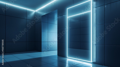 a high-tech mirror on a sleek wall reflecting only pixel static where a person should be  empty futuristic room around  symbolic of lost self-image in the digital age