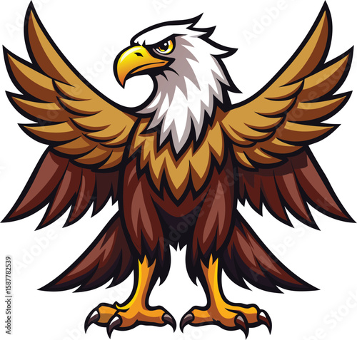 A vibrant cartoon vector illustration of a predatory bird, an eagle with red plumage and a flowing red ribbon, soaring with outstretched wings