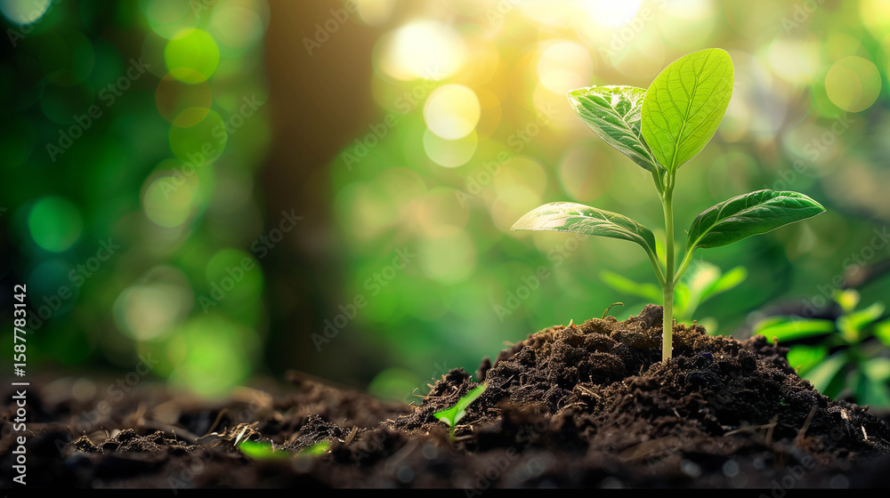 Fresh green plant sprouting from rich soil in natural sunlight symbolizing growth and renewal Fresh green plant sprouting from rich soil in natural sunlight symbolizing growth and renewal