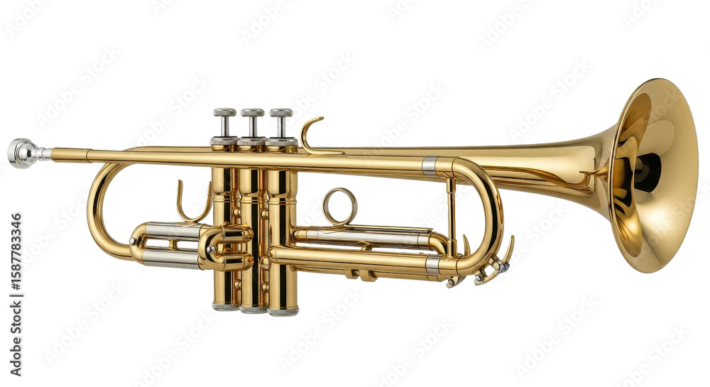 Obraz premium Bright Gold Brass Trumpet Musical Instrument Product Shot Isolated on White Background