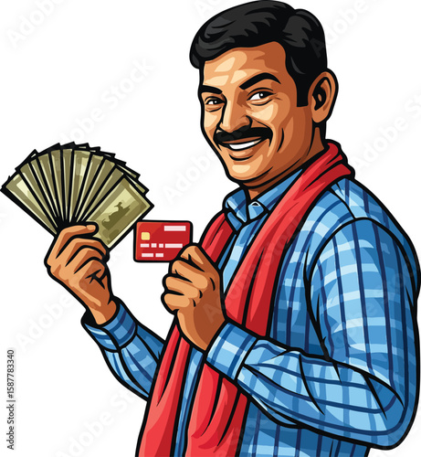 An Indian rural farmer with money and card vector illustration