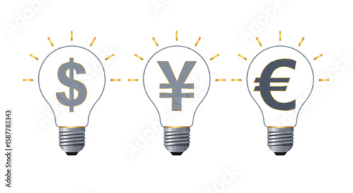 Three light bulbs, each containing a currency symbol, representing global financial ideas.
