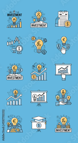Various financial investment icons showing growth, ideas, and monetary concepts on a blue background.