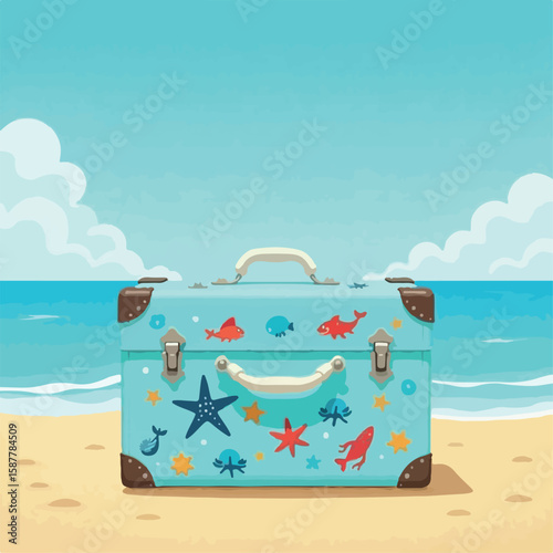 illustration, vector, kid, luggage, bag, cartoon, baggage, suitcase, travel, vacation, design, tourist, cute, tourism, child, journey, trip, character, children, summertime, tour, summer, holiday, adv