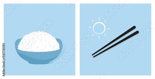 Rice bowl, chopsticks and sun icons on blue background vector. 
Meal time sign.