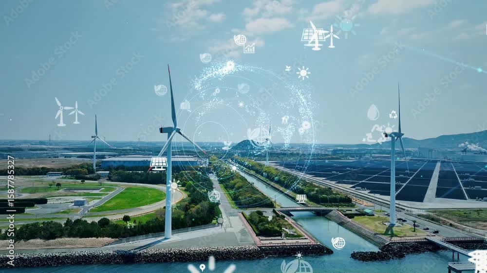 Wind farm aerial view and environmental technology concept