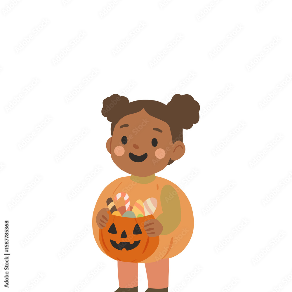 Fototapeta premium Happy Kid in Pumpkin Halloween Costume with Candy Bucket