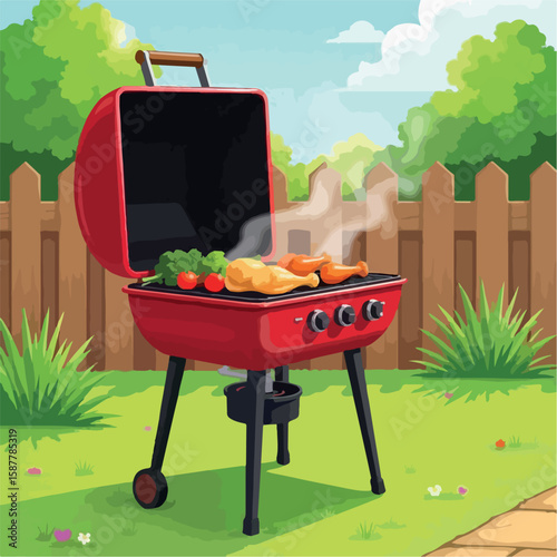 illustration, food, barbecue, meat, cooking, vector, grill, meal, design, vegetable, party, bbq, steak, barbeque, summer, hot, picnic, mushroom, beef, roast, graphic, tomato, background, sausage, set,