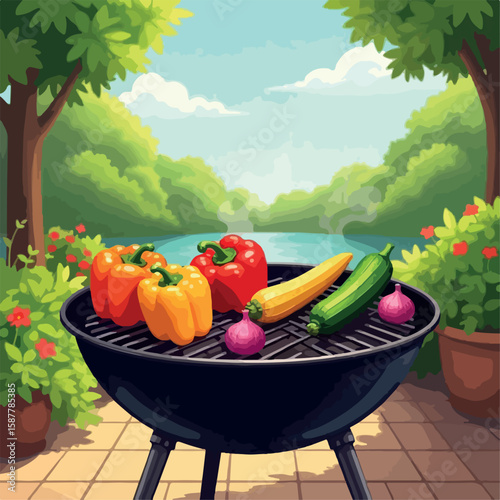 illustration, food, barbecue, meat, cooking, vector, grill, meal, design, vegetable, party, bbq, steak, barbeque, summer, hot, picnic, mushroom, beef, roast, graphic, tomato, background, sausage, set,