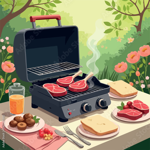 illustration, food, barbecue, meat, cooking, vector, grill, meal, design, vegetable, party, bbq, steak, barbeque, summer, hot, picnic, mushroom, beef, roast, graphic, tomato, background, sausage, set,