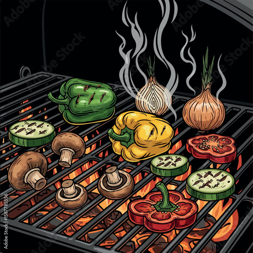 illustration, food, barbecue, meat, cooking, vector, grill, meal, design, vegetable, party, bbq, steak, barbeque, summer, hot, picnic, mushroom, beef, roast, graphic, tomato, background, sausage, set,