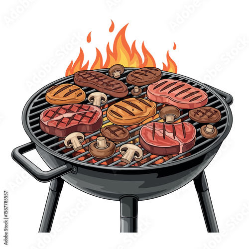 illustration, food, barbecue, meat, cooking, vector, grill, meal, design, vegetable, party, bbq, steak, barbeque, summer, hot, picnic, mushroom, beef, roast, graphic, tomato, background, sausage, set,