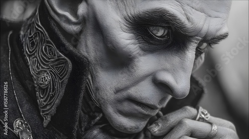 Hyper-realistic portrayal of a modern nosferatu merging Victorian allure with contemporary street style, capturing striking visual details and a captivating enigmatic presence