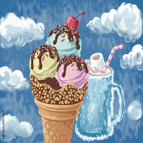 illustration, vector, cream, dessert, ice, food, sweet, ice cream, icecream, white, ice-cream, chocolate, cold, isolated, sundae, delicious, cone, cup, frozen, summer, strawberry, fruit, vanilla, pink