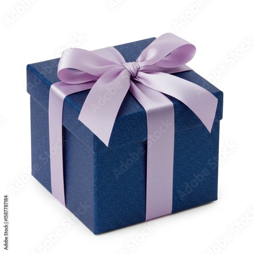 A sparkly blue gift box tied with a delicate lavender ribbon on a white background
