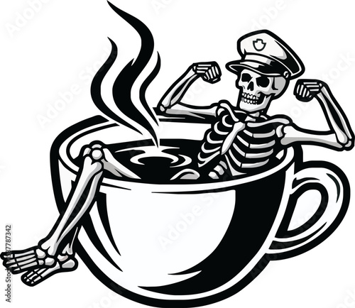 A relaxed skeleton, in police uniform, enjoys a steaming cup of coffee.