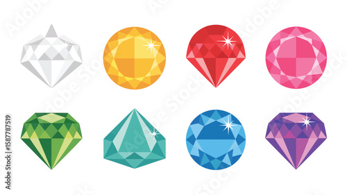 Collection of eight colorful faceted gemstones and diamonds on a white background